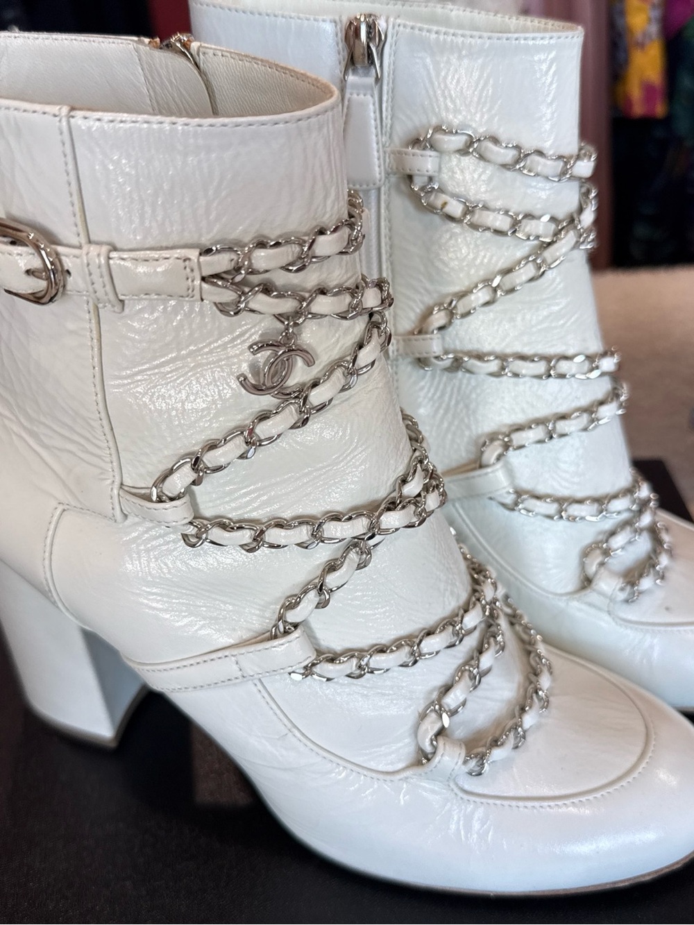 CHANEL White Leather Chain-Wrapped Ankle Boots